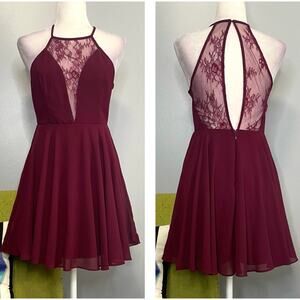 Lulus Take a Twirl Burgundy Red Lace Backless Skater Fit & Flare Mini Dress